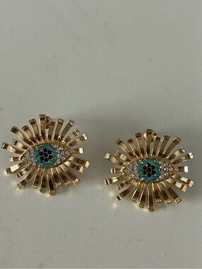 Gold Eye Burst Crystal Statement Earrings in Turquoise and Black